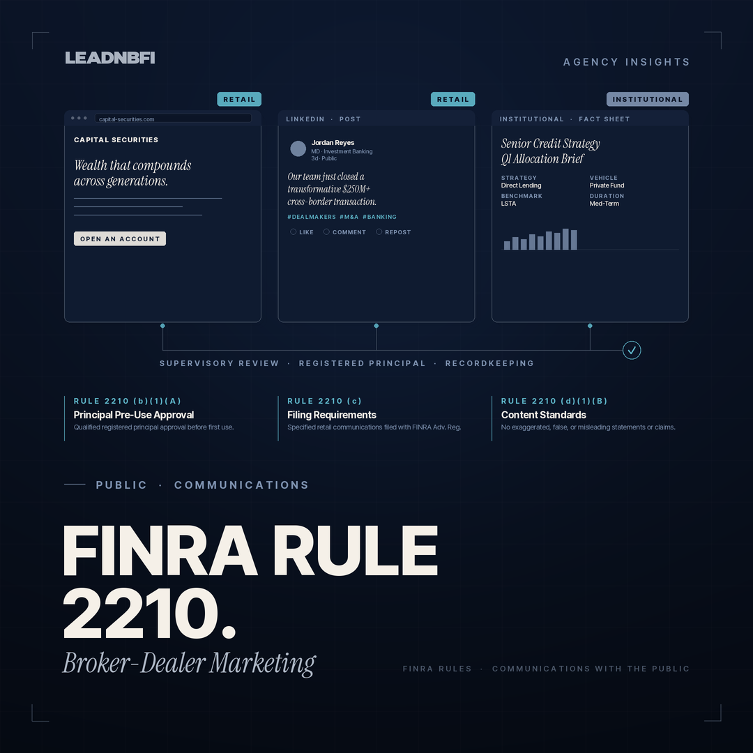 Institutional-style graphic showing FINRA Rule 2210, broker-dealer marketing review, website approval workflow, and regulated communications.