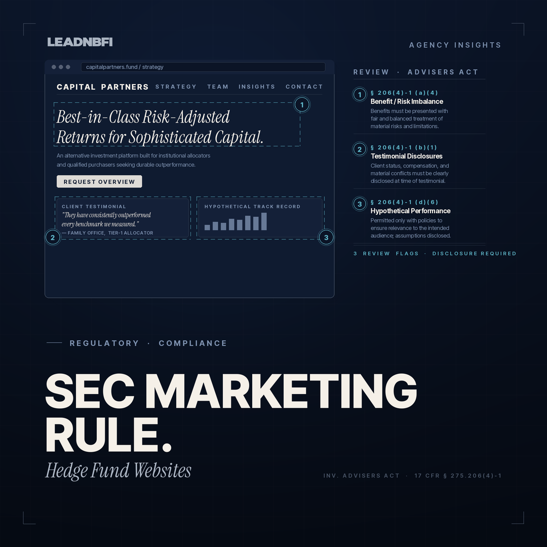 Institutional-style graphic showing SEC Marketing Rule, hedge fund website claims, performance disclosures, and compliance review.